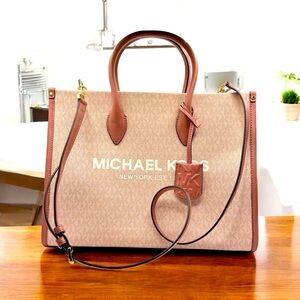 Michael Kors Mirella Tote Bag– Pink Leather Trim & MK Logo Pink Coated Canvas